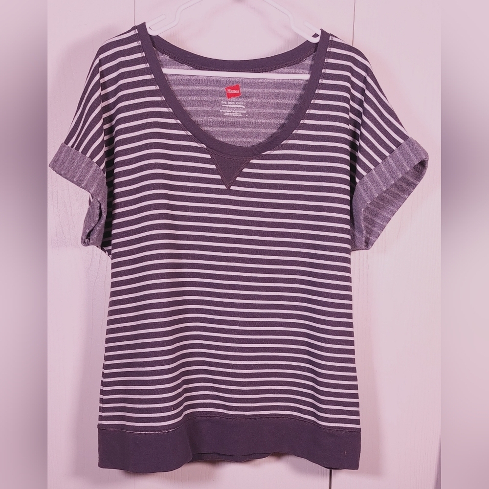 Hanes Striped French Terry Rolled Short Sleeve Shirt Size XL Casual Top Nautical